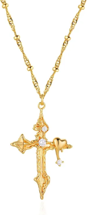 Fettero Cross Necklace for Women - 14K Gold Plated Cross Pendant Necklace Dainty Gold Necklace | Cross Faith Pendant Necklaces Trendy Gold Jewelry for Women Everyday Wear - Heart cross