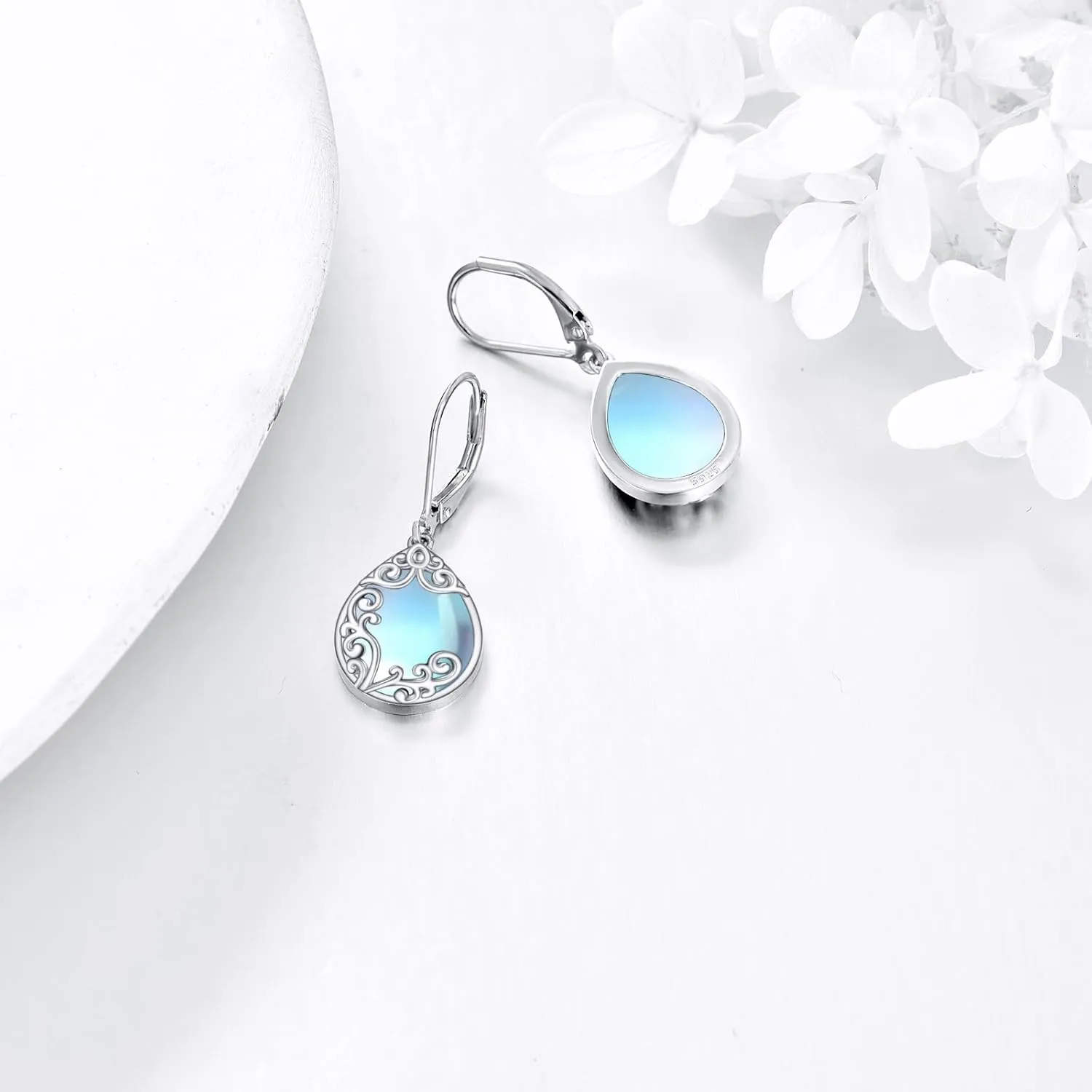 Filigree Earrings Sterling Silver Teardrop Moonstone Moss Agate Lapis Lazuli Larimar Emerald Peridot Opal Dangle Dangly Drop Leverback Earrings Boho Jewelry Gifts for Women
