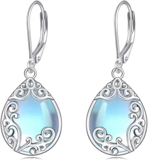 Filigree Earrings Sterling Silver Teardrop Moonstone Moss Agate Lapis Lazuli Larimar Emerald Peridot Opal Dangle Dangly Drop Leverback Earrings Boho Jewelry Gifts for Women