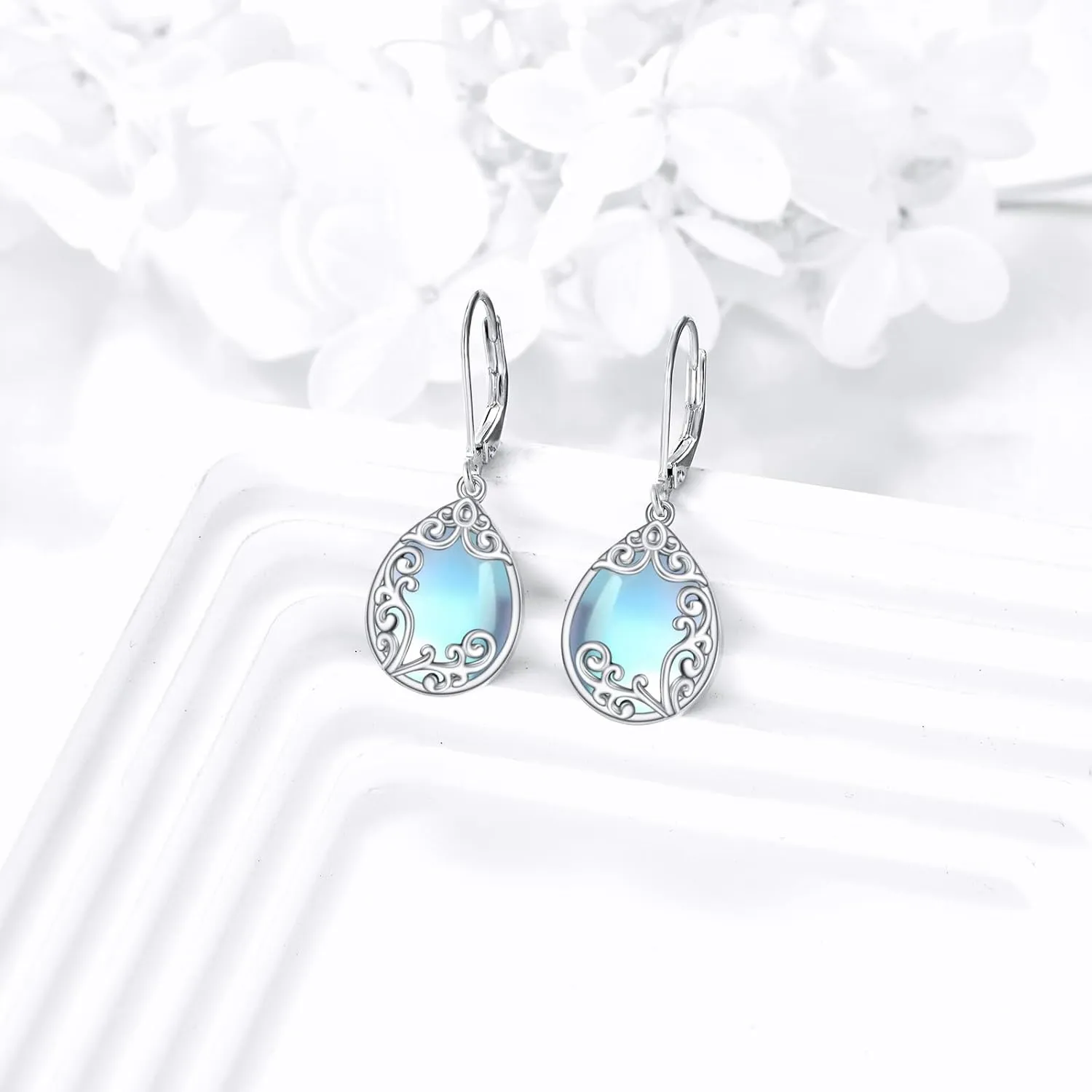 Filigree Earrings Sterling Silver Teardrop Moonstone Moss Agate Lapis Lazuli Larimar Emerald Peridot Opal Dangle Dangly Drop Leverback Earrings Boho Jewelry Gifts for Women