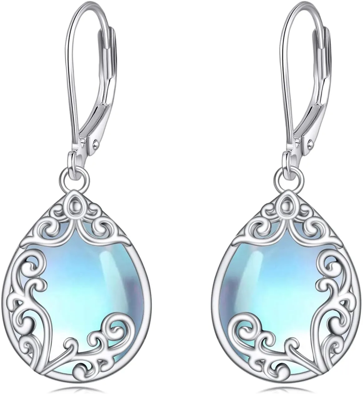 Filigree Earrings Sterling Silver Teardrop Moonstone Moss Agate Lapis Lazuli Larimar Emerald Peridot Opal Dangle Dangly Drop Leverback Earrings Boho Jewelry Gifts for Women