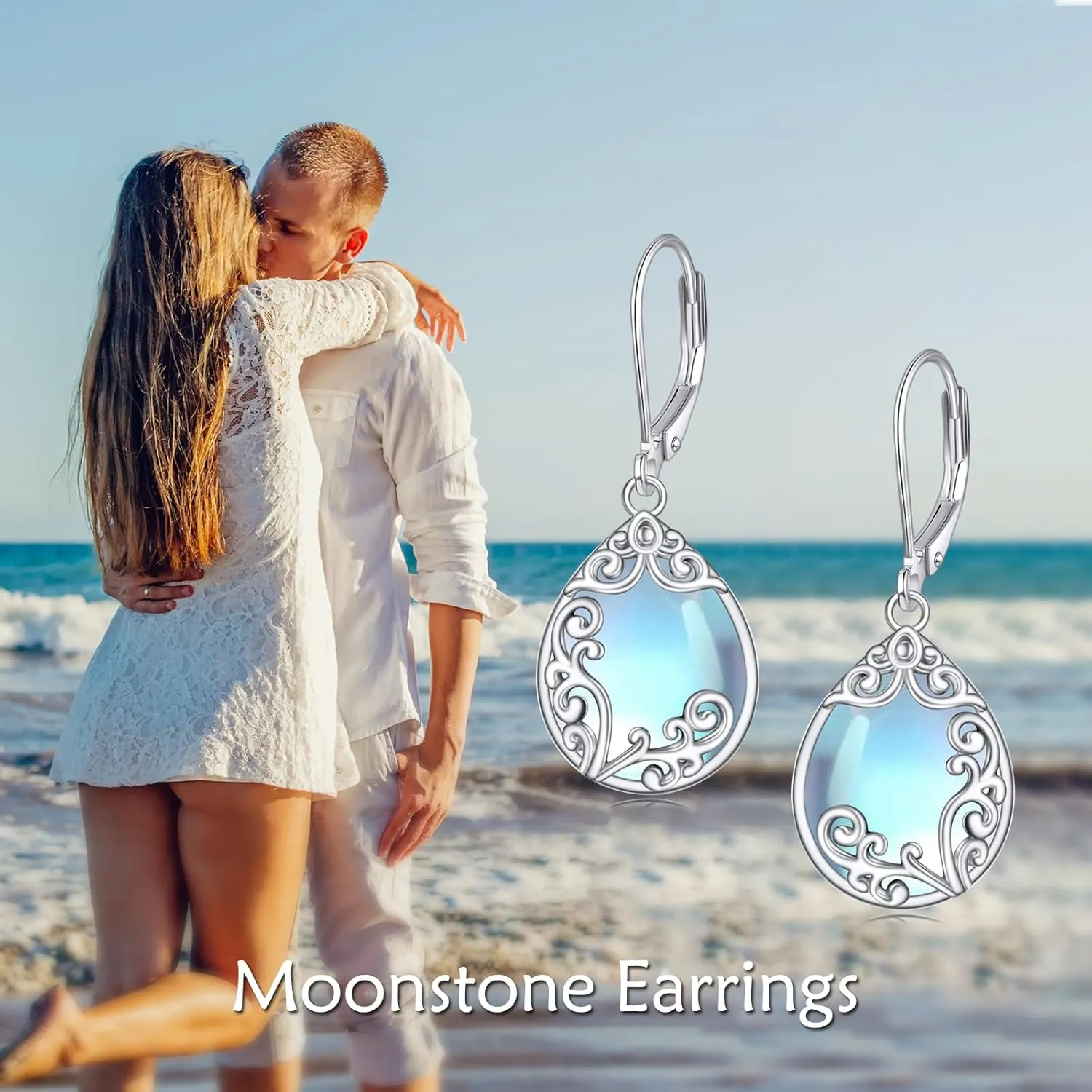 Filigree Earrings Sterling Silver Teardrop Moonstone Moss Agate Lapis Lazuli Larimar Emerald Peridot Opal Dangle Dangly Drop Leverback Earrings Boho Jewelry Gifts for Women