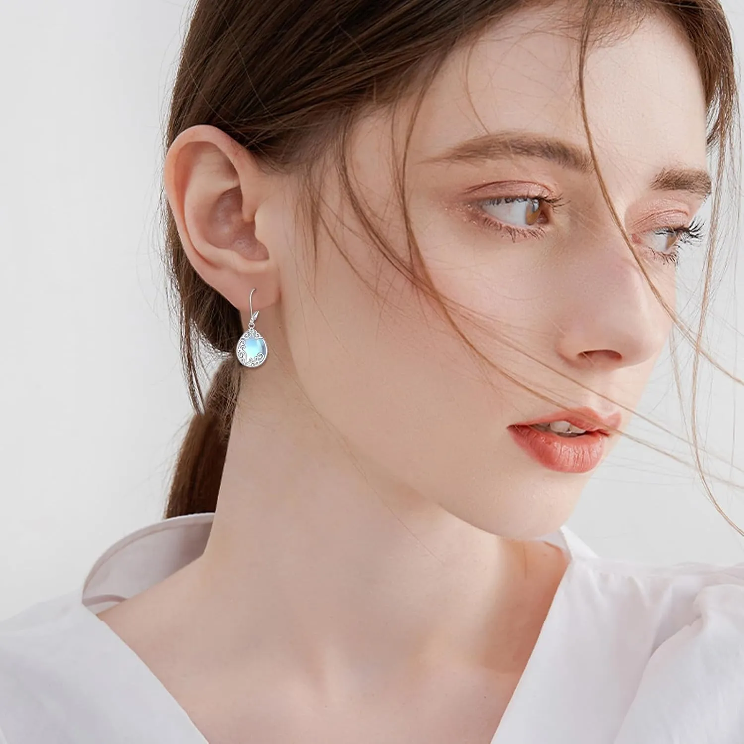 Filigree Earrings Sterling Silver Teardrop Moonstone Moss Agate Lapis Lazuli Larimar Emerald Peridot Opal Dangle Dangly Drop Leverback Earrings Boho Jewelry Gifts for Women