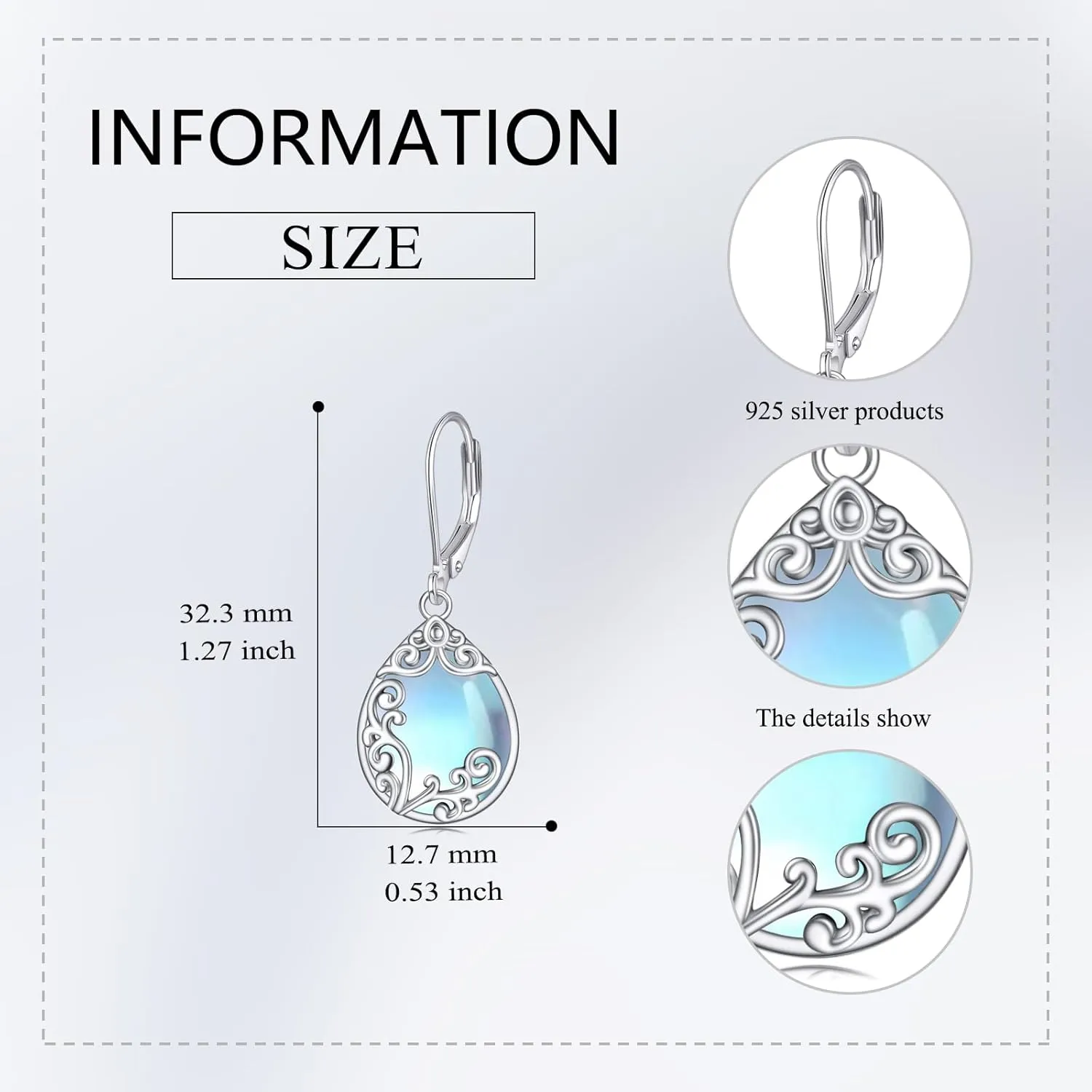 Filigree Earrings Sterling Silver Teardrop Moonstone Moss Agate Lapis Lazuli Larimar Emerald Peridot Opal Dangle Dangly Drop Leverback Earrings Boho Jewelry Gifts for Women