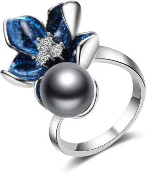 Flower Rings for Women Blue Enamel Craft with Gray Pearl Statement Rings for Women