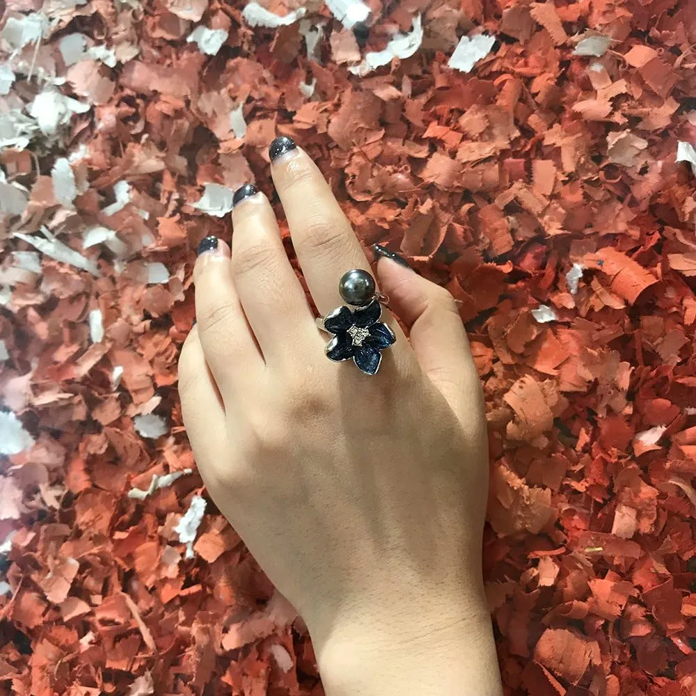 Flower Rings for Women Blue Enamel Craft with Gray Pearl Statement Rings for Women