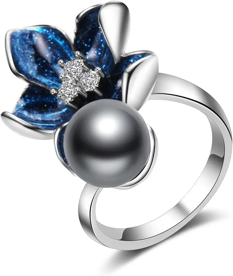 Flower Rings for Women Blue Enamel Craft with Gray Pearl Statement Rings for Women