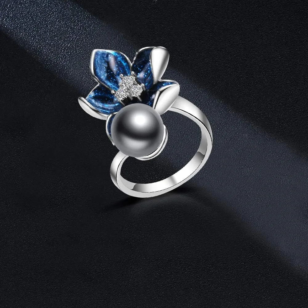 Flower Rings for Women Blue Enamel Craft with Gray Pearl Statement Rings for Women