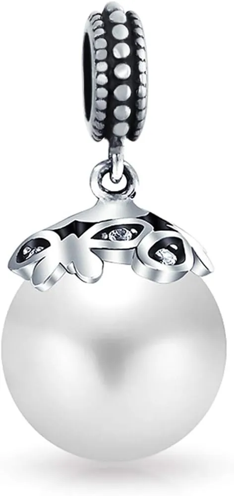 Flower White Simulated Pearl Dangle Spacer Bead Charm For Women Teen Oxidized .925 Sterling Silver Fits European Bracelet