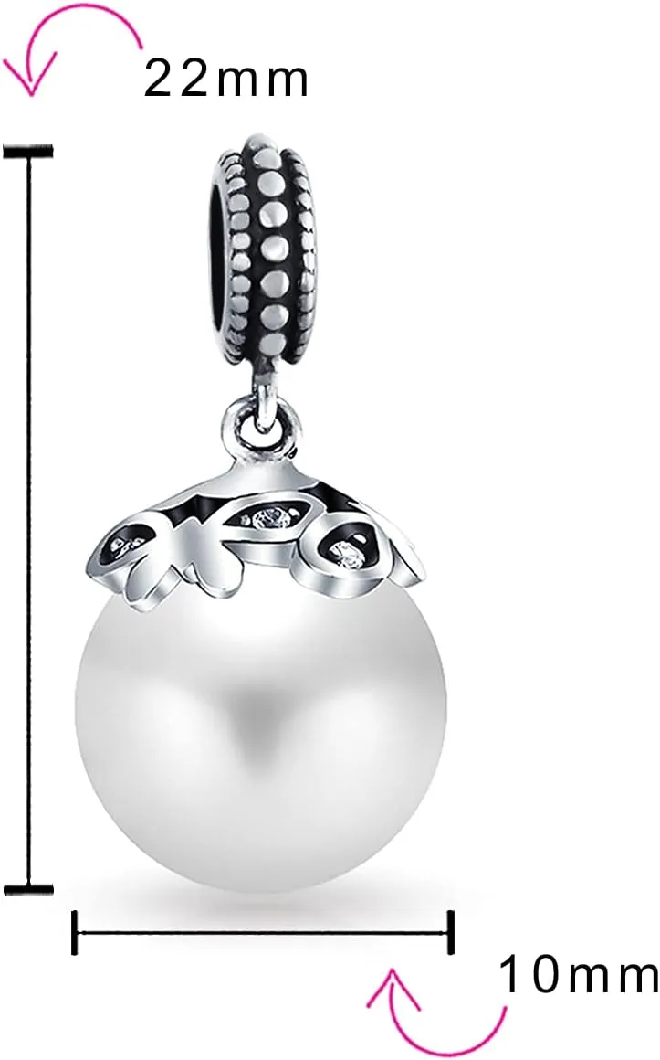 Flower White Simulated Pearl Dangle Spacer Bead Charm For Women Teen Oxidized .925 Sterling Silver Fits European Bracelet