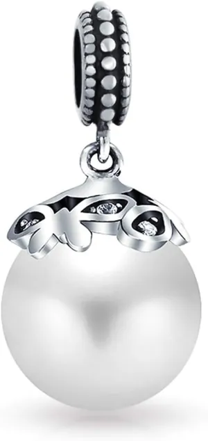 Flower White Simulated Pearl Dangle Spacer Bead Charm For Women Teen Oxidized .925 Sterling Silver Fits European Bracelet