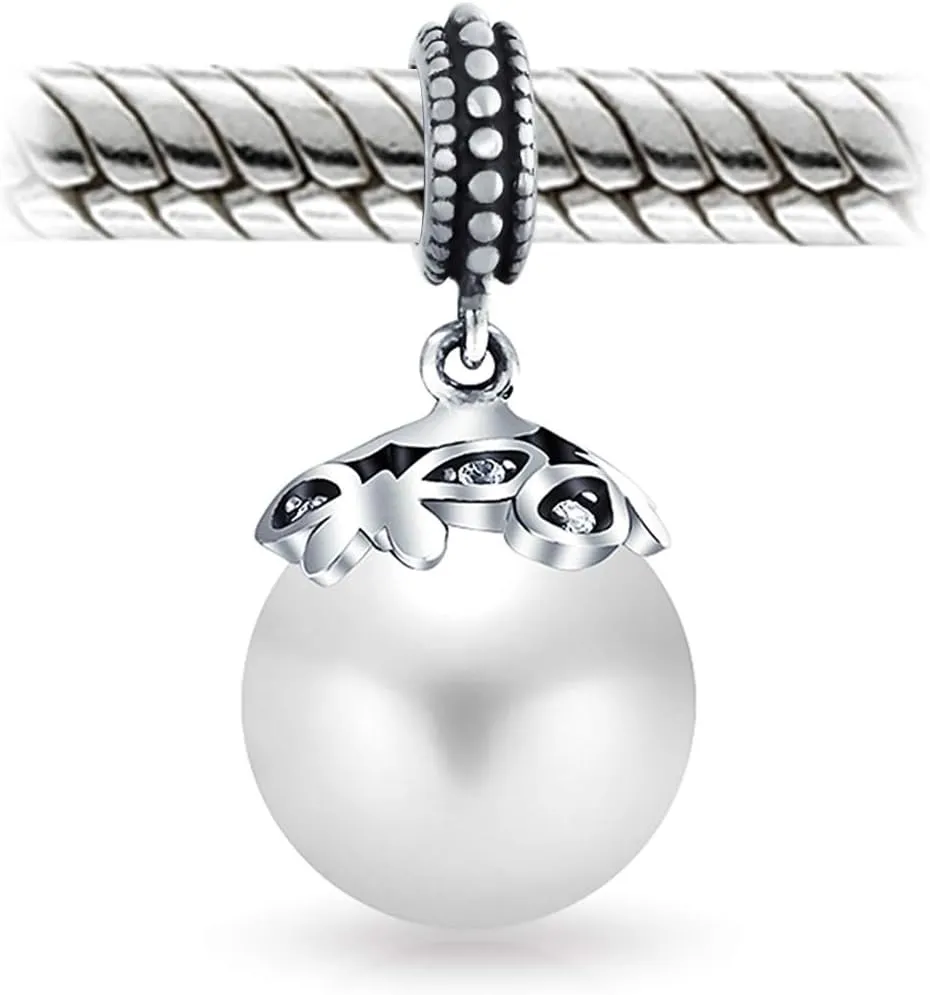 Flower White Simulated Pearl Dangle Spacer Bead Charm For Women Teen Oxidized .925 Sterling Silver Fits European Bracelet