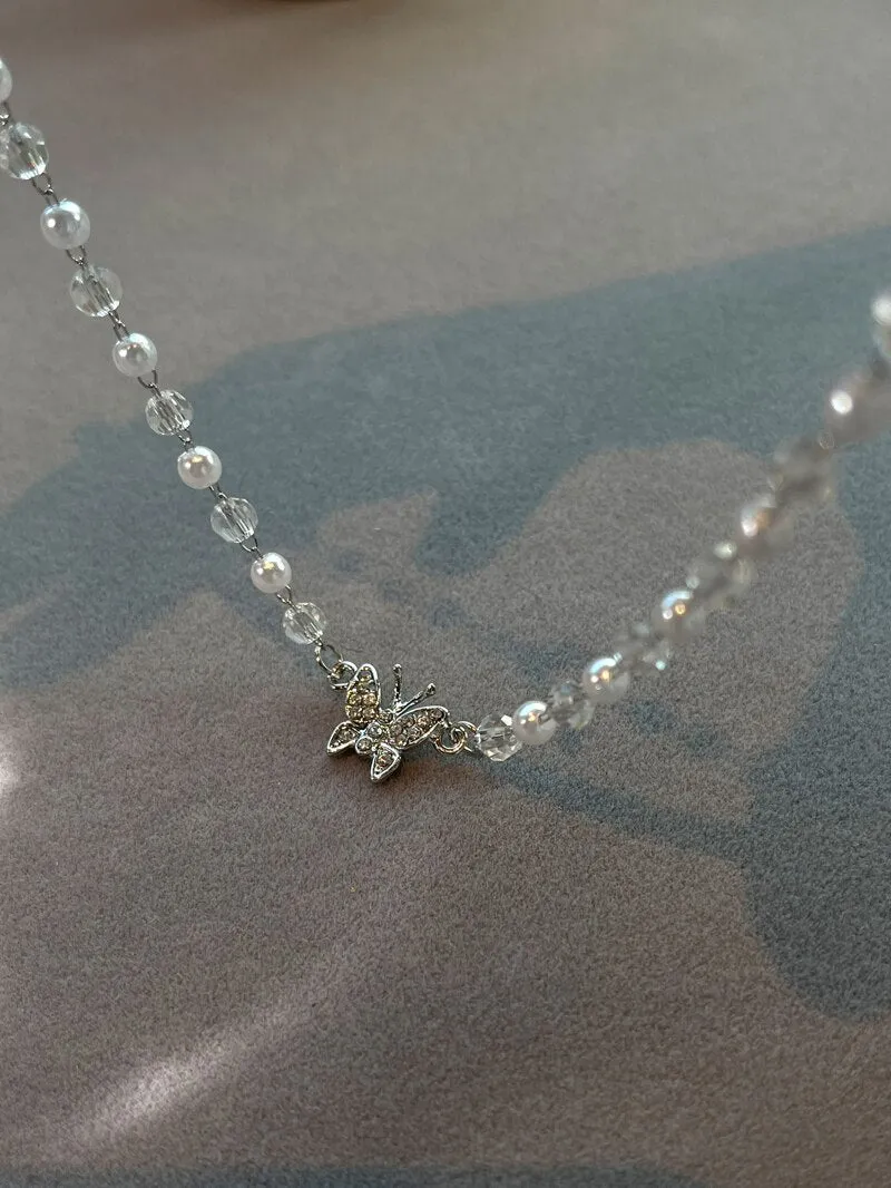 Flytonn Mothers Day Gift Pearl Necklace For Women  Chain Crystal Bead Girl Short Necklace Butterfly Charm Good Luck Pearl Choker Jewelry