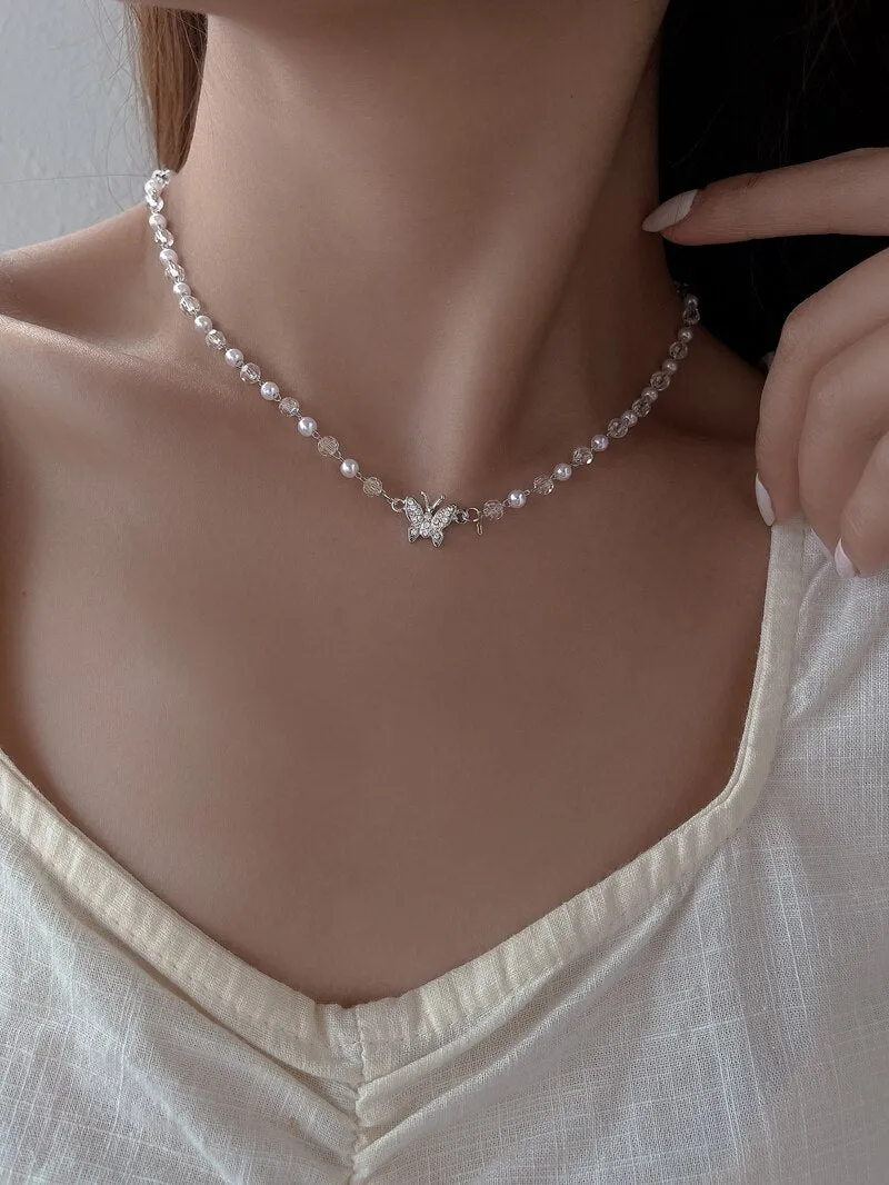 Flytonn Mothers Day Gift Pearl Necklace For Women  Chain Crystal Bead Girl Short Necklace Butterfly Charm Good Luck Pearl Choker Jewelry