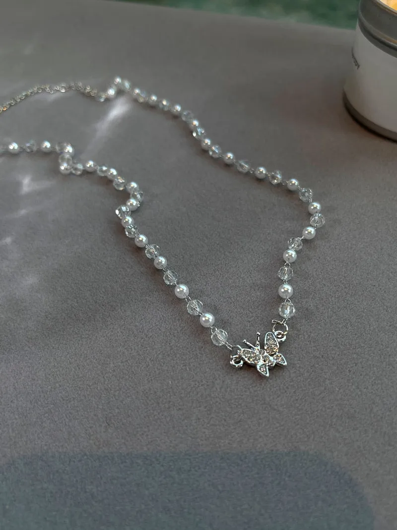Flytonn Mothers Day Gift Pearl Necklace For Women  Chain Crystal Bead Girl Short Necklace Butterfly Charm Good Luck Pearl Choker Jewelry