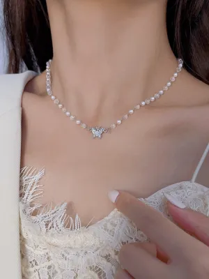 Flytonn Mothers Day Gift Pearl Necklace For Women  Chain Crystal Bead Girl Short Necklace Butterfly Charm Good Luck Pearl Choker Jewelry