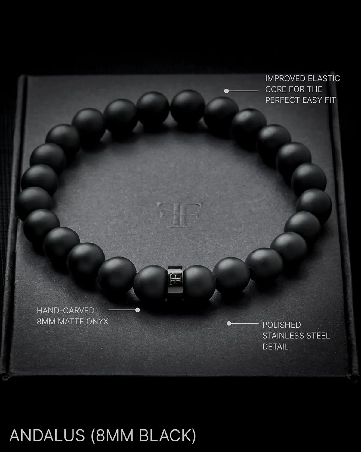Forge & Foundry Mens Matte Black Solid Onyx Beaded Bracelet | Polished 18K Gold-Plated, Polished Stainless Steel or Polished Black Signature Bead Options | Andalus