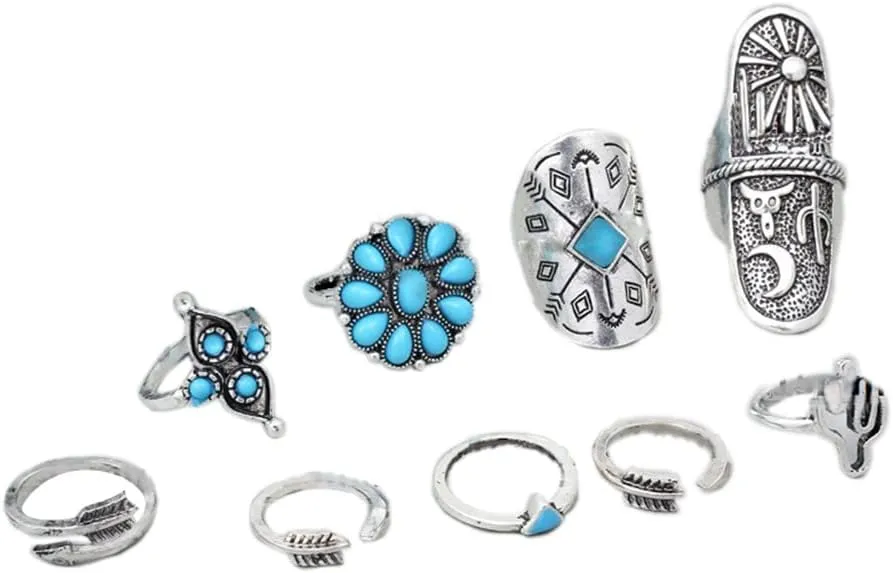 Fuqimanman2020 Bohemian Western Turquoise Oval Geometric Stackable Rings Set Midi Crystal Gemstone Knuckle Flower Carved for Women Holiday Beach Summer Boho Jewelry