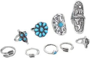 Fuqimanman2020 Bohemian Western Turquoise Oval Geometric Stackable Rings Set Midi Crystal Gemstone Knuckle Flower Carved for Women Holiday Beach Summer Boho Jewelry