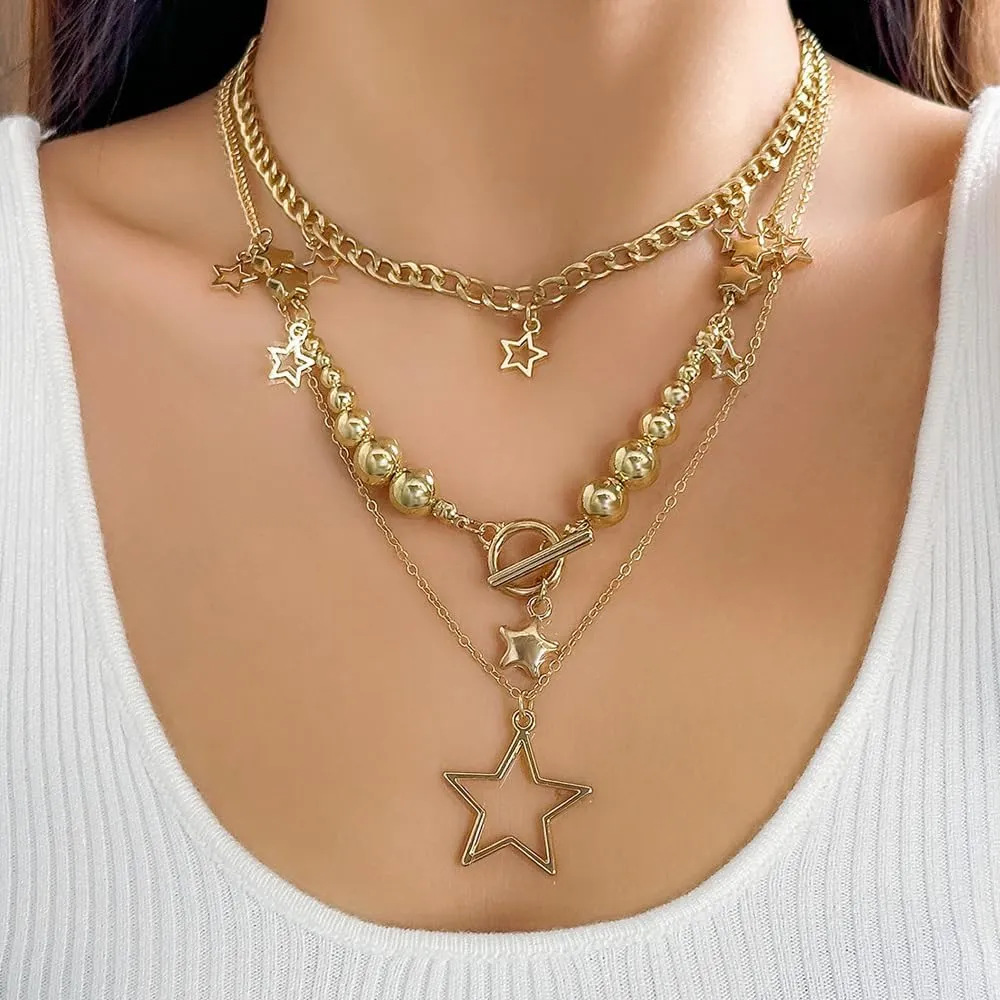 FUTIMELY Layered Star Pendant Bead Necklace Set,Vintage Plated Gold Small Pentagram Bead Choker,Aesthetic Layering Star Statement Necklaces for Women