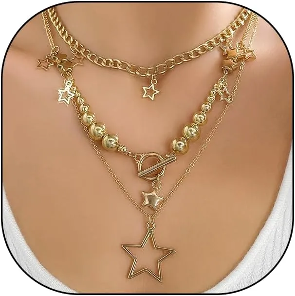FUTIMELY Layered Star Pendant Bead Necklace Set,Vintage Plated Gold Small Pentagram Bead Choker,Aesthetic Layering Star Statement Necklaces for Women