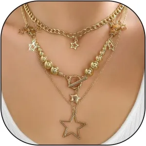 FUTIMELY Layered Star Pendant Bead Necklace Set,Vintage Plated Gold Small Pentagram Bead Choker,Aesthetic Layering Star Statement Necklaces for Women