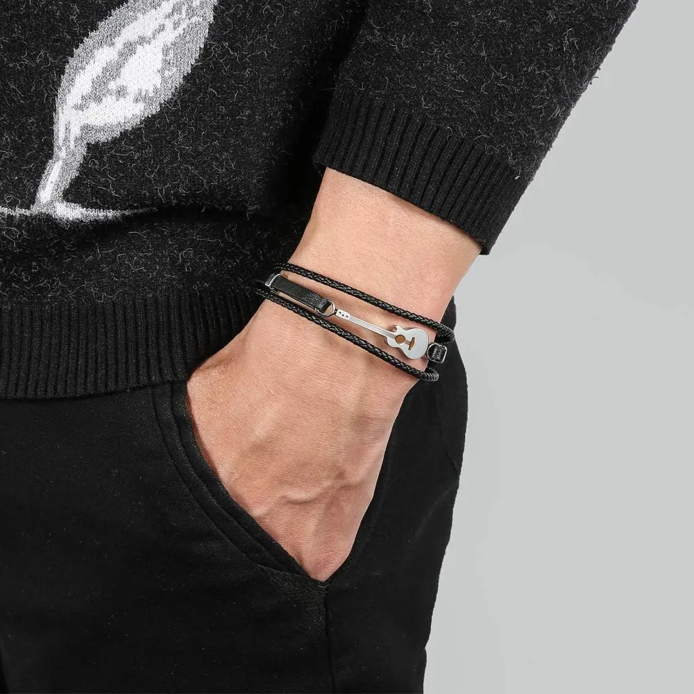 GAGAFEEL Mens Leather Bracelet Wristband Black Braided Cuff Music Treble Clef Rope Bass Guitar Bracelets Valentine Punk Gift for Him