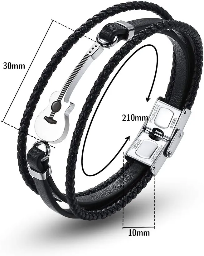 GAGAFEEL Mens Leather Bracelet Wristband Black Braided Cuff Music Treble Clef Rope Bass Guitar Bracelets Valentine Punk Gift for Him