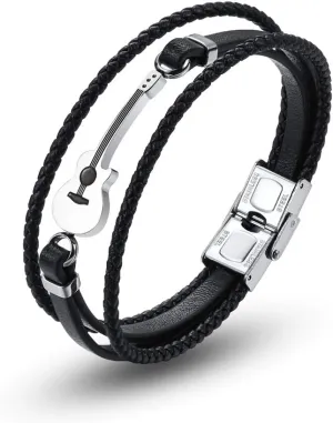 GAGAFEEL Mens Leather Bracelet Wristband Black Braided Cuff Music Treble Clef Rope Bass Guitar Bracelets Valentine Punk Gift for Him