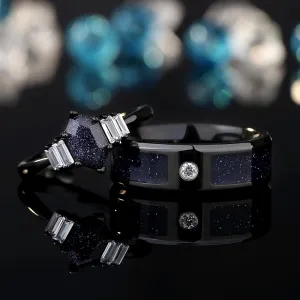 Galaxy Nebula Ring for Men, Engagement Ring, Vintage Promise Ring for Him,Black Blue Galaxy Sandstone Rings,Outer Space Ring.