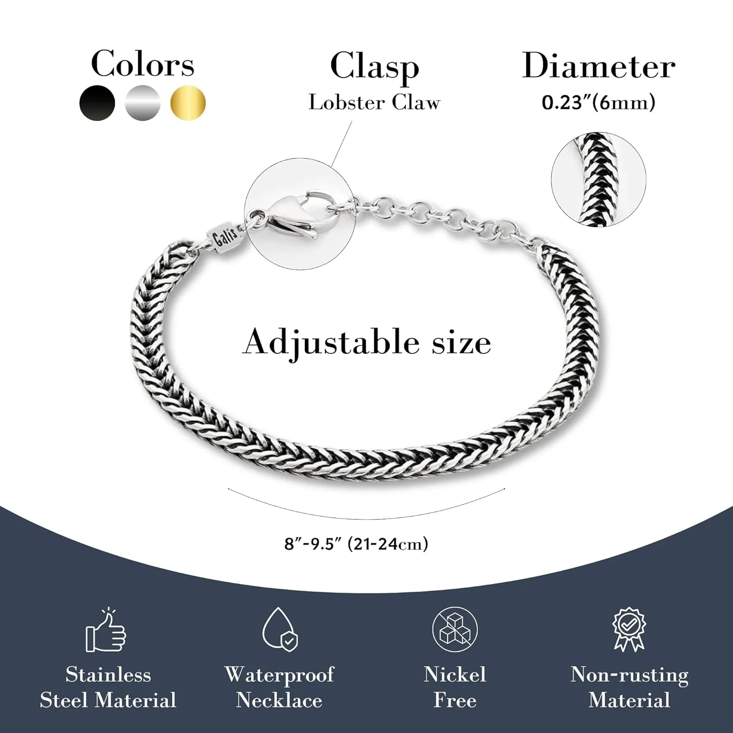 Galis Chain Bracelets For Men 7.5" - Premium Stainless Steel Mens Bracelet, Silver Plated Non Tarnish Bracelet - Snake Chain Everyday Men's Bracelets, Gifts For Him, For The Dad Dedication Card