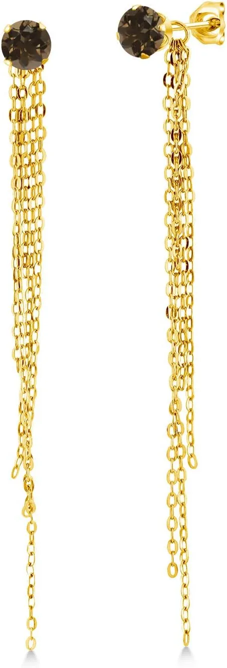 Gem Stone King 1.00 Cttw Round 5MM Brown Smoky Quartz 18K Yellow Gold Plated Silver Stud Extra Long Statement Enhancer Earrings 3.5 Inch