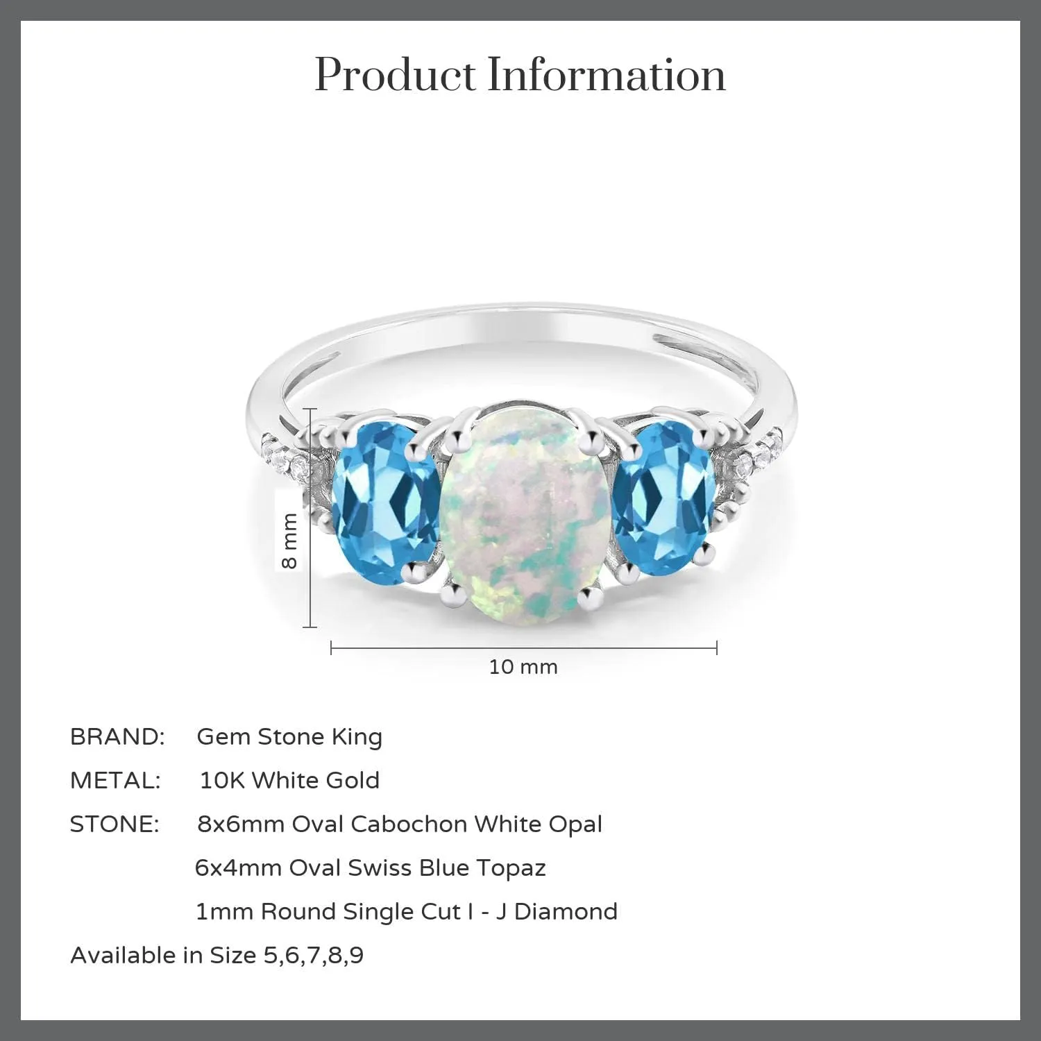 Gem Stone King 10K White Gold Cabochon Simulated Opal Swiss Blue Topaz and Diamond Accent 3-Stone Engagement Ring For Women | 2.10 Cttw | Gemstone Birthstone | Available In Size 5-9.5