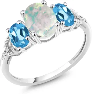Gem Stone King 10K White Gold Cabochon Simulated Opal Swiss Blue Topaz and Diamond Accent 3-Stone Engagement Ring For Women | 2.10 Cttw | Gemstone Birthstone | Available In Size 5-9.5
