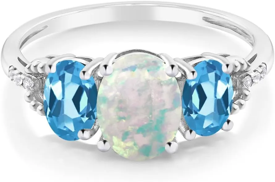 Gem Stone King 10K White Gold Cabochon Simulated Opal Swiss Blue Topaz and Diamond Accent 3-Stone Engagement Ring For Women | 2.10 Cttw | Gemstone Birthstone | Available In Size 5-9.5