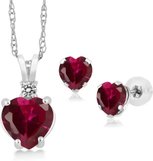 Gem Stone King 14K White Gold Red Created Ruby and White Diamond Pendant and Earrings Jewelry Set For Women | 2.97 Cttw | Heart Shape 8MM and 5MM | With 18 Inch Chain