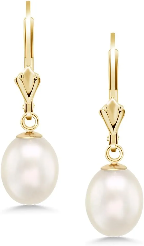Gem Stone King 14K Yellow Gold 9MM Cultured Freshwater Pearl Dangle Earrings For Women