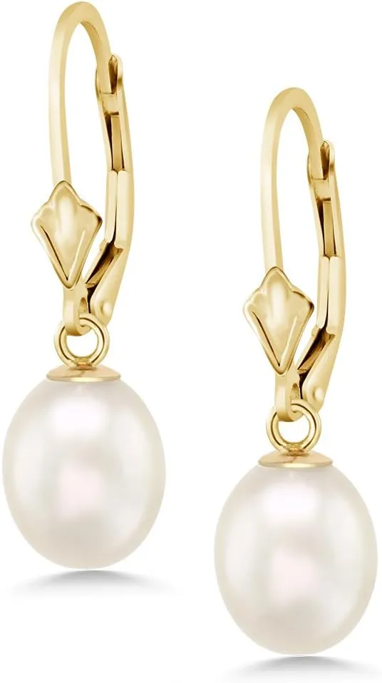 Gem Stone King 14K Yellow Gold 9MM Cultured Freshwater Pearl Dangle Earrings For Women