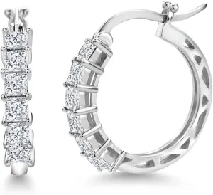 Gem Stone King 1.56 Cttw 18K Gold Plated White Moissanite Huggie Hoop Earrings | Princess Cut 3MM | Diameter 20MM | Gold Earrings for Women