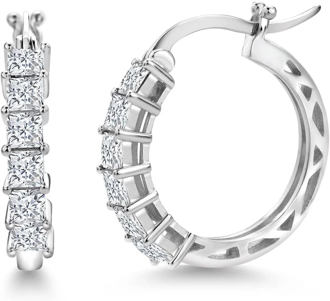 Gem Stone King 1.56 Cttw 18K Gold Plated White Moissanite Huggie Hoop Earrings | Princess Cut 3MM | Diameter 20MM | Gold Earrings for Women