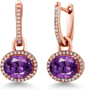 Gem Stone King 18K Rose Gold Gemstone Birthstone Halo Leverback Earrings | Oval 9X7MM | Drop Dangle Earrings for Women | Fine Jewelry Gifts for Her Mom Women Wife