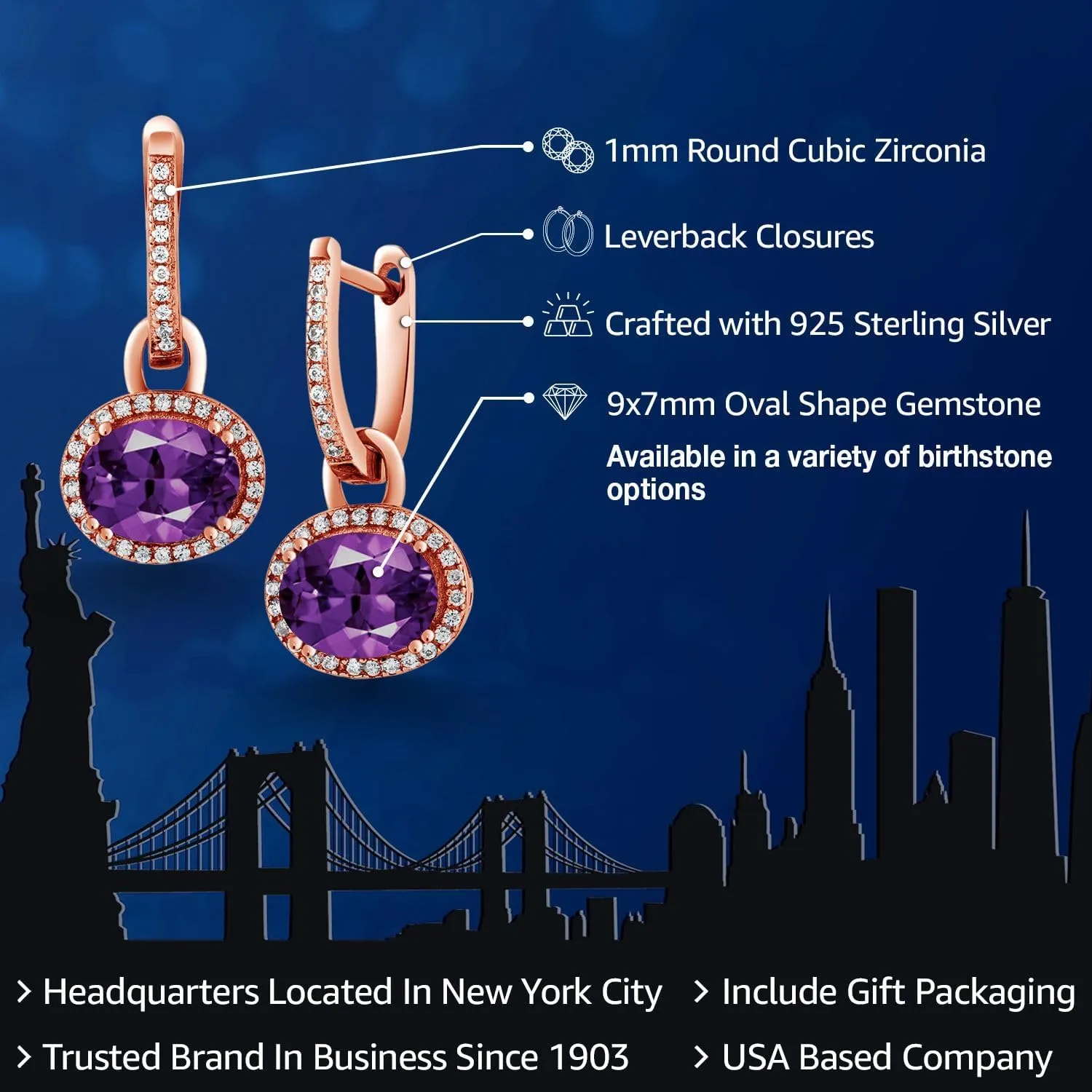 Gem Stone King 18K Rose Gold Gemstone Birthstone Halo Leverback Earrings | Oval 9X7MM | Drop Dangle Earrings for Women | Fine Jewelry Gifts for Her Mom Women Wife