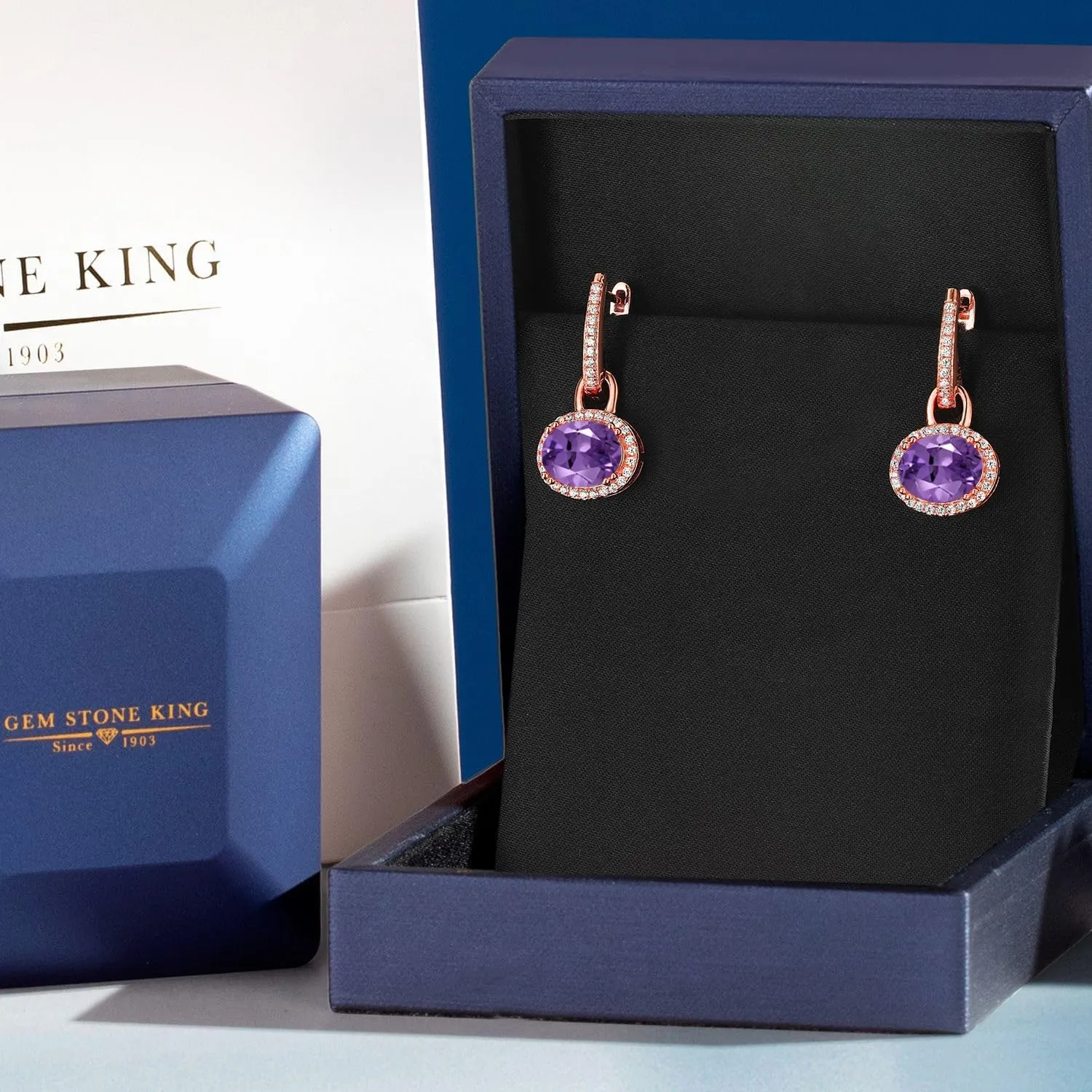 Gem Stone King 18K Rose Gold Gemstone Birthstone Halo Leverback Earrings | Oval 9X7MM | Drop Dangle Earrings for Women | Fine Jewelry Gifts for Her Mom Women Wife