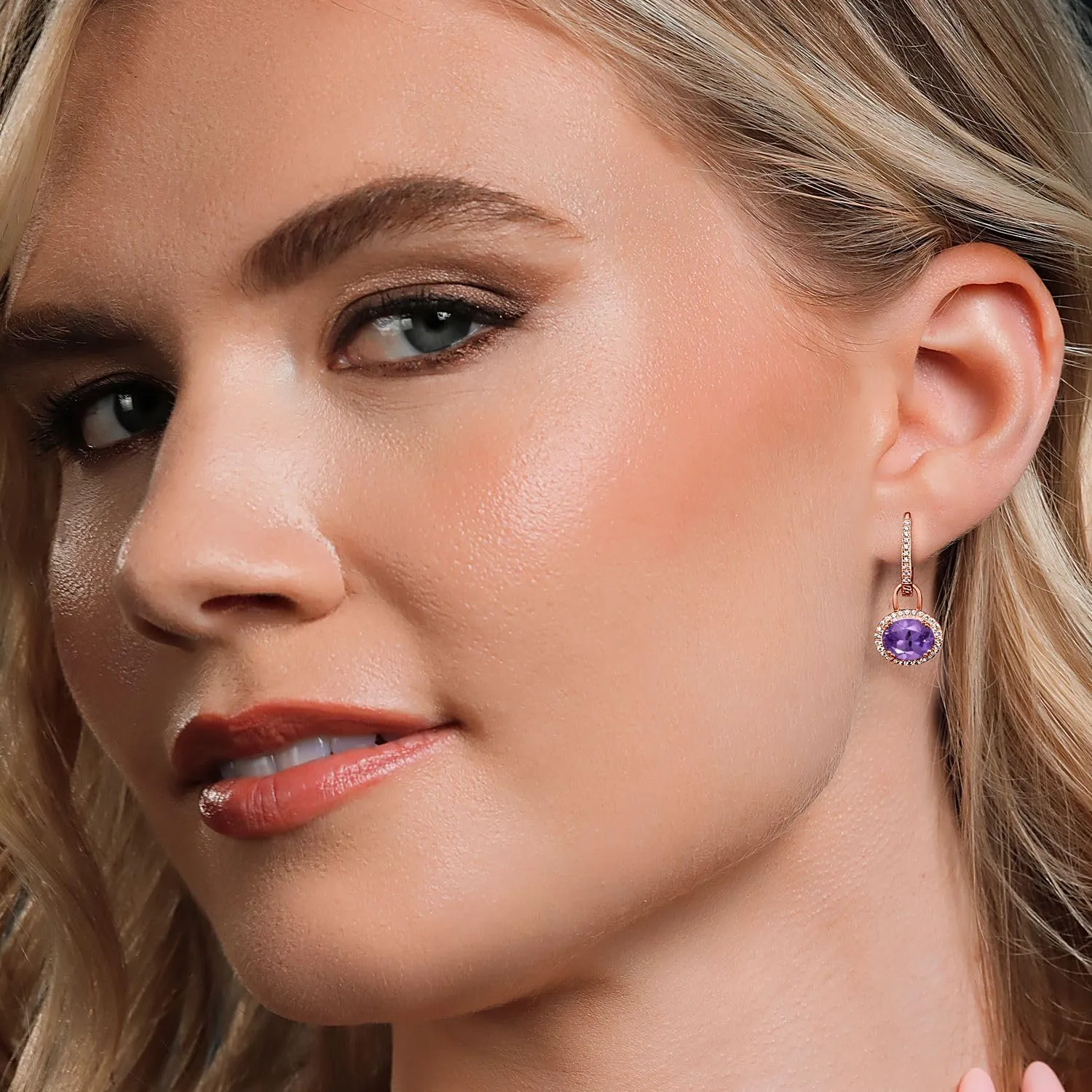 Gem Stone King 18K Rose Gold Gemstone Birthstone Halo Leverback Earrings | Oval 9X7MM | Drop Dangle Earrings for Women | Fine Jewelry Gifts for Her Mom Women Wife