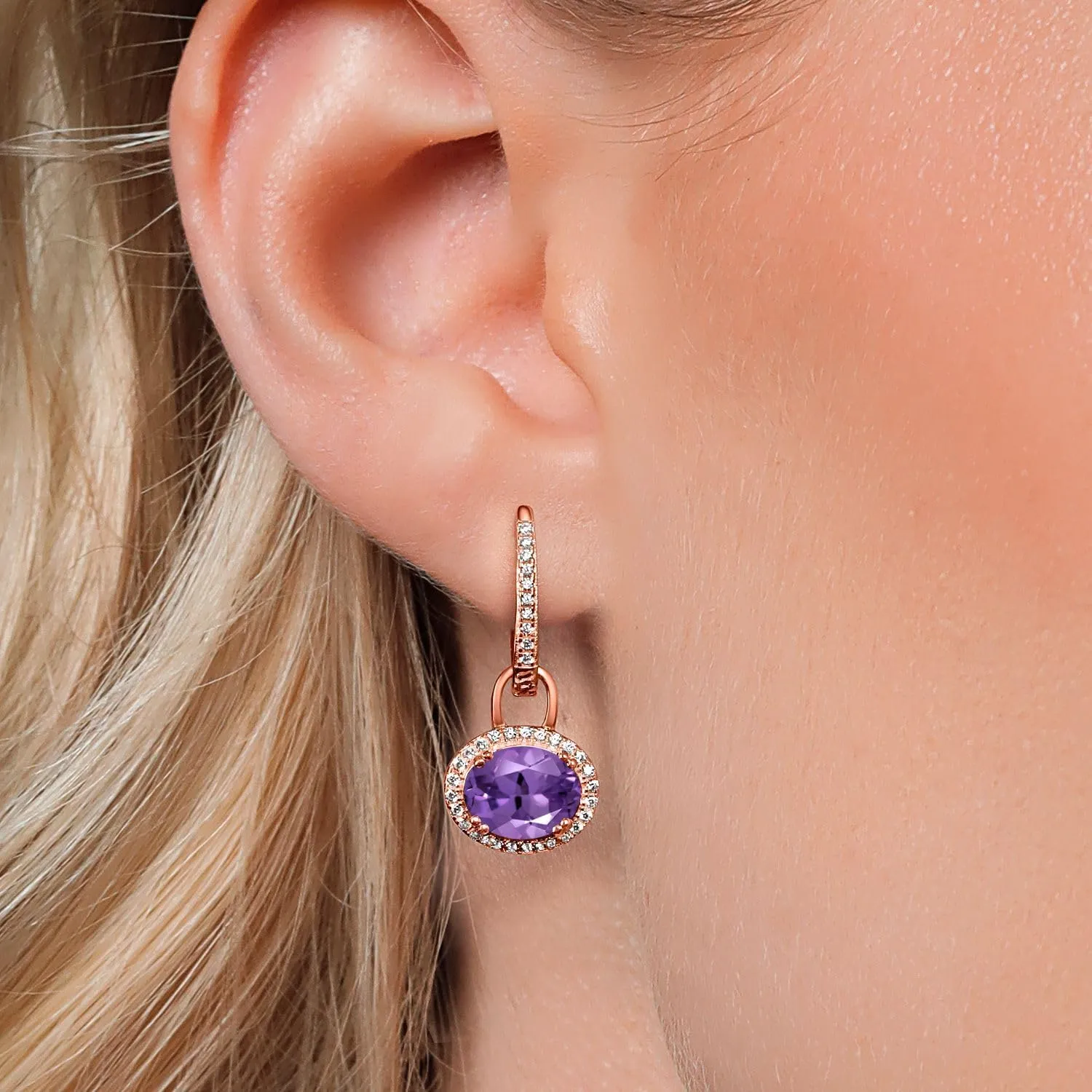 Gem Stone King 18K Rose Gold Gemstone Birthstone Halo Leverback Earrings | Oval 9X7MM | Drop Dangle Earrings for Women | Fine Jewelry Gifts for Her Mom Women Wife