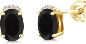 Gem Stone King 18K Yellow Gold Plated Silver Black Onyx and White Lab Grown Diamond Earrings For Women (1.46 Cttw, Gemstone Birthstone, Oval 7X5MM)
