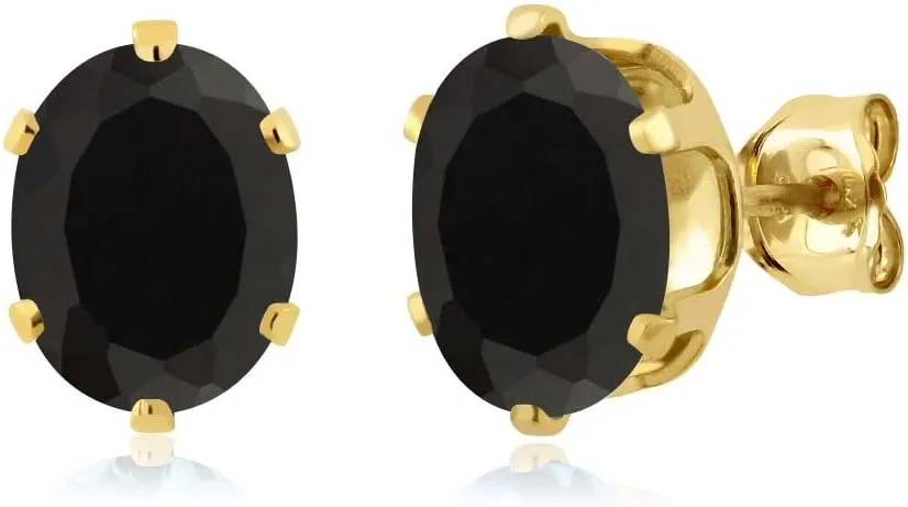 Gem Stone King 18K Yellow Gold Plated Silver Black Onyx Stud Earrings For Women Men (2.18 Cttw, Gemstone Birthstone, Oval 8X6MM)