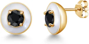 Gem Stone King 18K Yellow Gold Plated Silver Black Sapphire White Enamel Stud Earrings For Women Men (1.38 Cttw, Round 5MM)