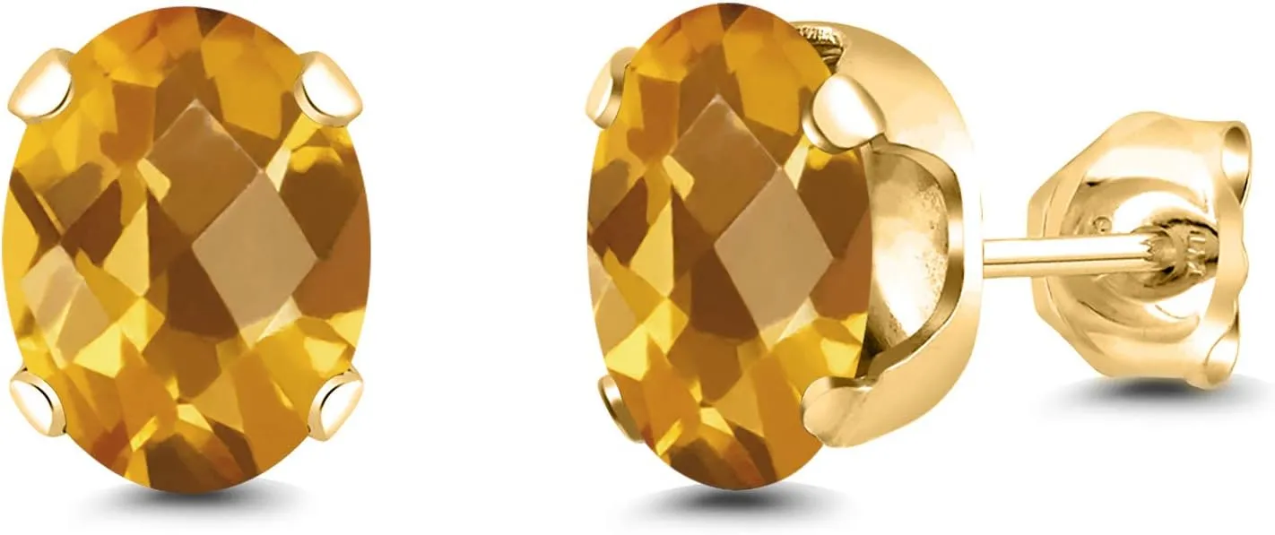 Gem Stone King 18K Yellow Gold Plated Silver Yellow Citrine Stud Earrings For Women Men (2.50 Cttw, Gemstone Birthstone, Oval Checkerboard 8X6MM)