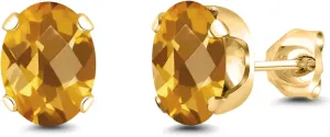 Gem Stone King 18K Yellow Gold Plated Silver Yellow Citrine Stud Earrings For Women Men (2.50 Cttw, Gemstone Birthstone, Oval Checkerboard 8X6MM)